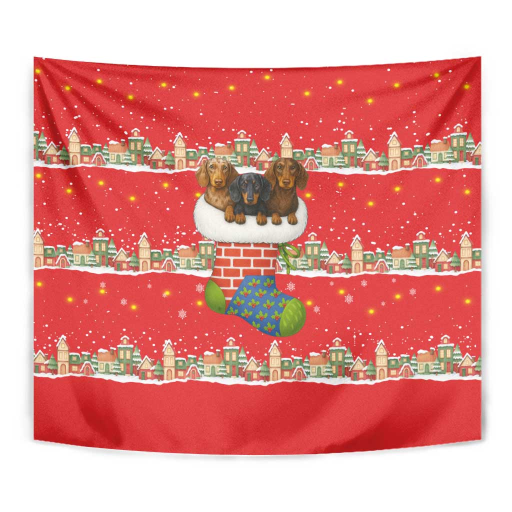 Funny Dachshund Dog Light Up Christmas Tapestry Snowy Village Red Holiday Design - Wonder Print Shop