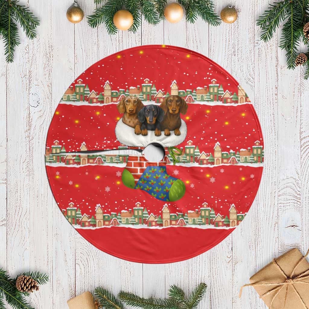 Funny Dachshund Dog Light Up Christmas Tree Skirt Snowy Village Red Holiday Design - Wonder Print Shop