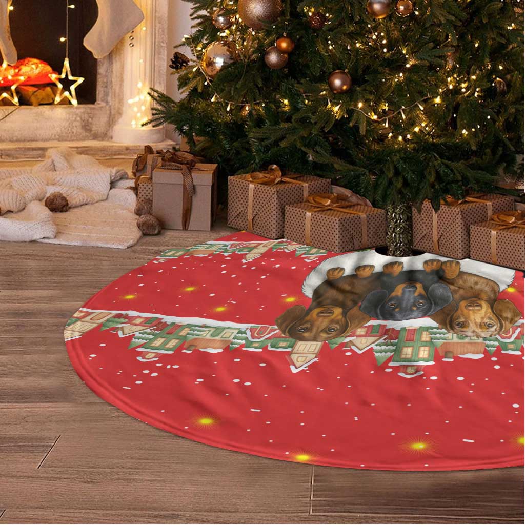 Funny Dachshund Dog Light Up Christmas Tree Skirt Snowy Village Red Holiday Design - Wonder Print Shop