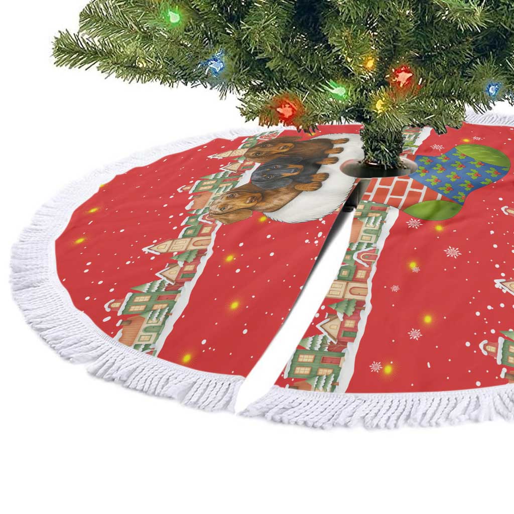 Funny Dachshund Dog Light Up Christmas Tree Skirt Snowy Village Red Holiday Design - Wonder Print Shop