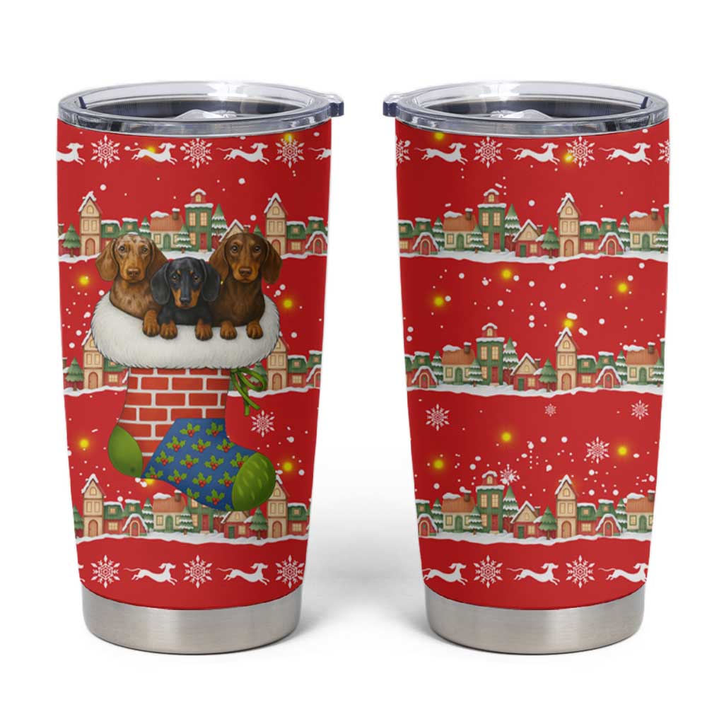 Funny Dachshund Dog Light Up Christmas Tumbler Cup Snowy Village Red Holiday Design - Wonder Print Shop