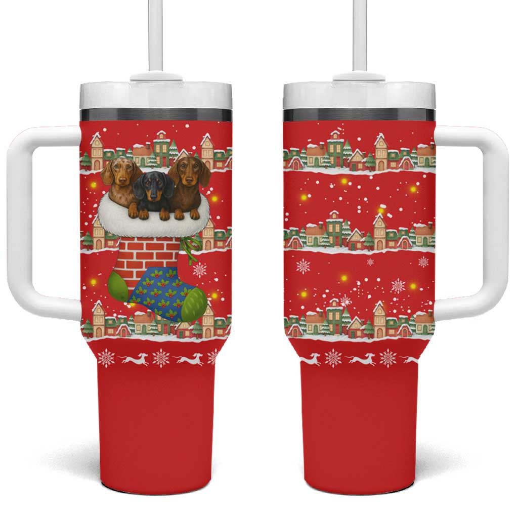 Funny Dachshund Dog Light Up Christmas Tumbler With Handle Snowy Village Red Holiday Design - Wonder Print Shop