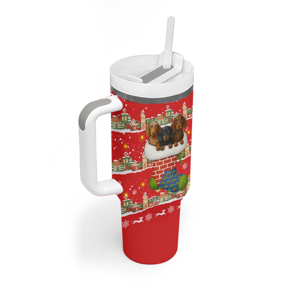 Funny Dachshund Dog Light Up Christmas Tumbler With Handle Snowy Village Red Holiday Design - Wonder Print Shop