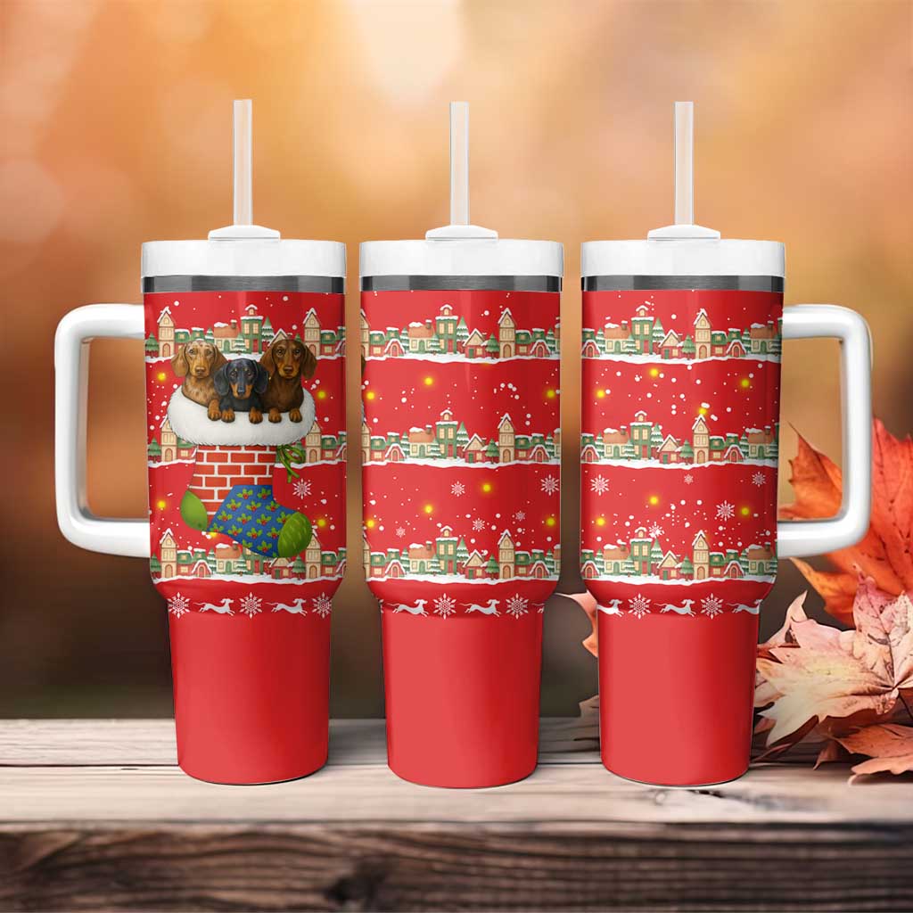 Funny Dachshund Dog Light Up Christmas Tumbler With Handle Snowy Village Red Holiday Design - Wonder Print Shop