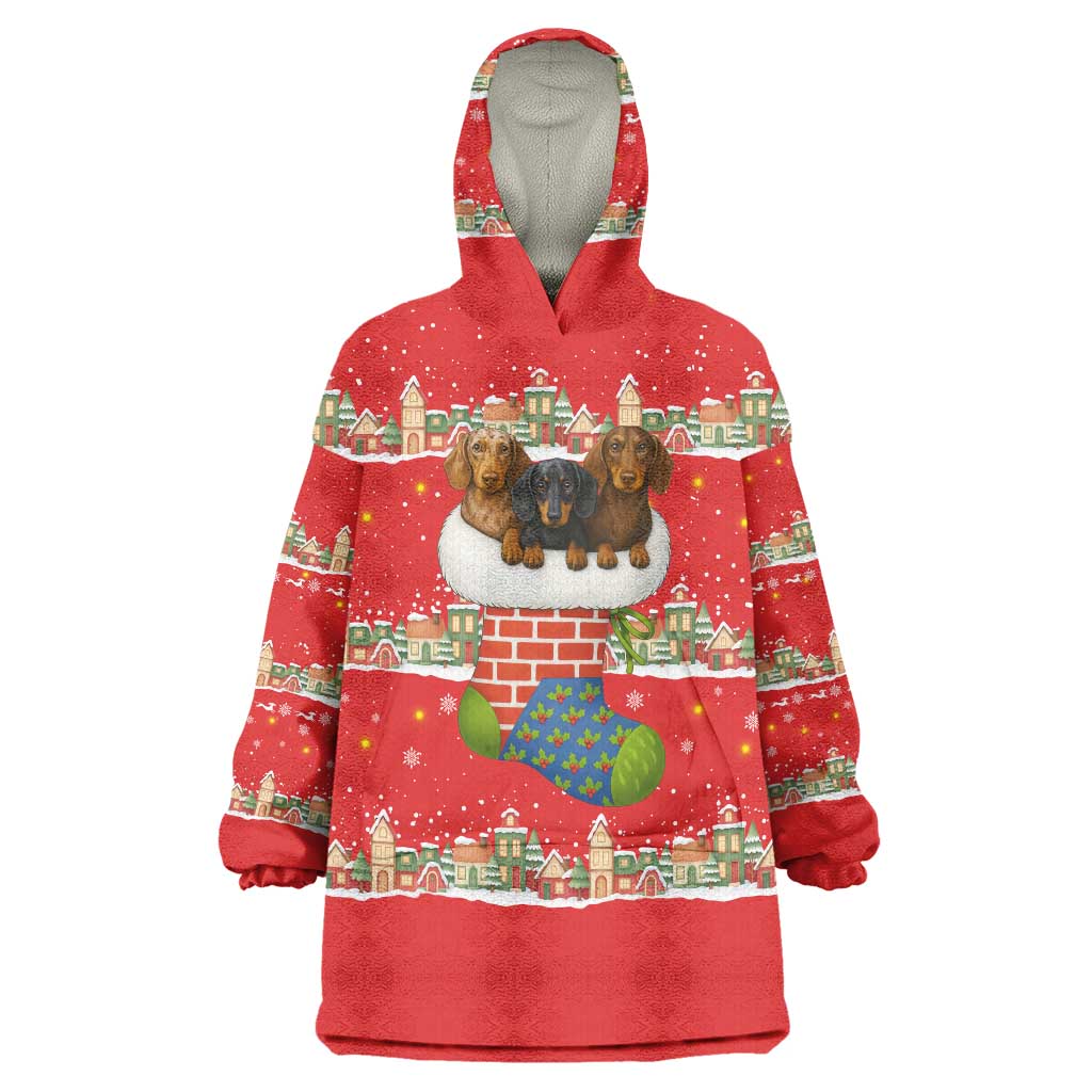 Funny Dachshund Dog Light Up Christmas Wearable Blanket Hoodie Snowy Village Red Holiday Design - Wonder Print Shop