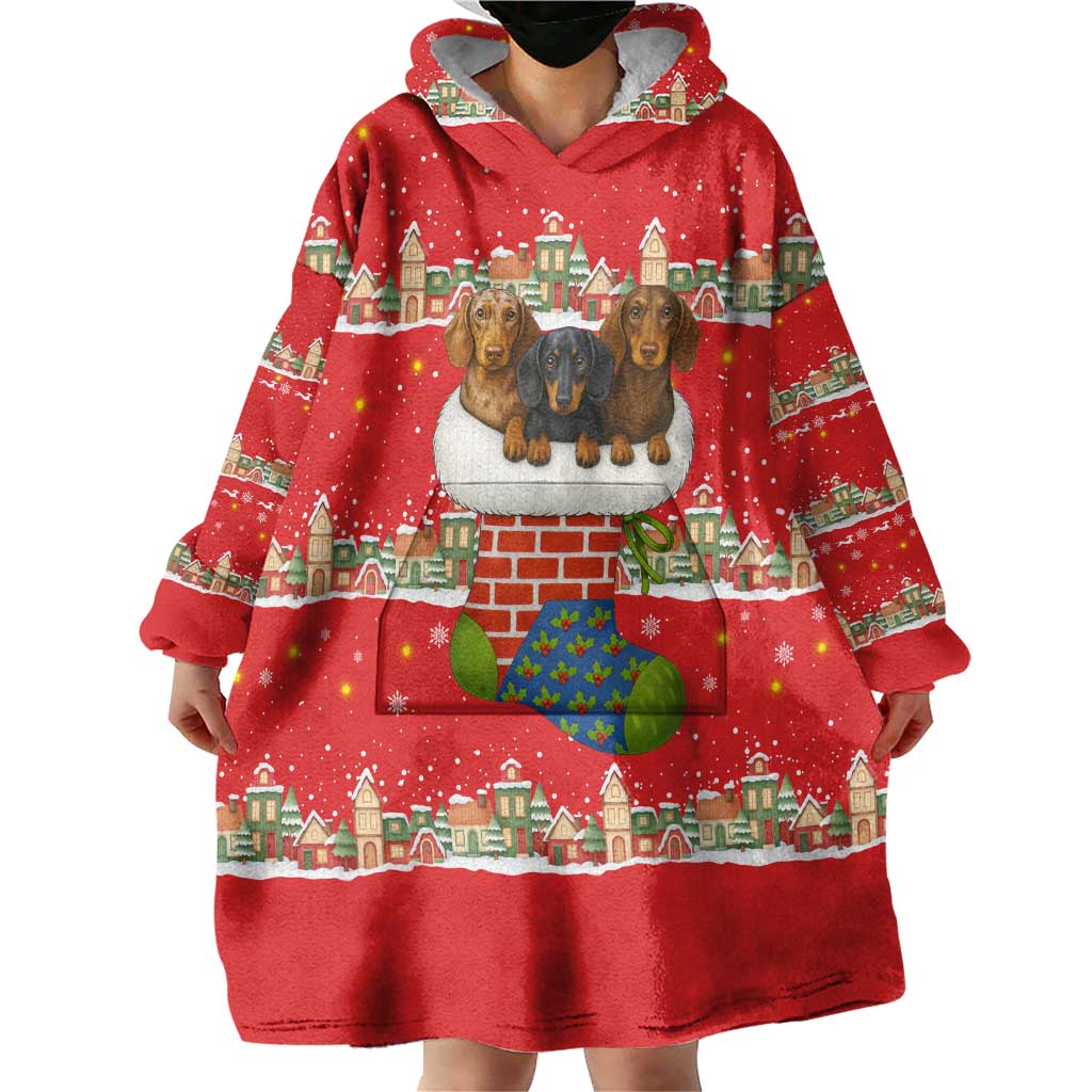 Funny Dachshund Dog Light Up Christmas Wearable Blanket Hoodie Snowy Village Red Holiday Design - Wonder Print Shop