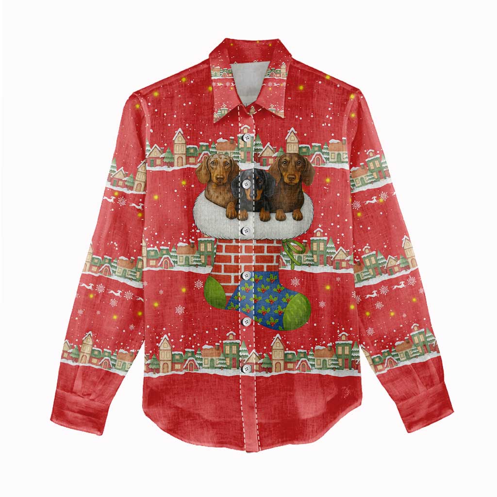 Funny Dachshund Dog Light Up Christmas Women Casual Shirt Snowy Village Red Holiday Design - Wonder Print Shop