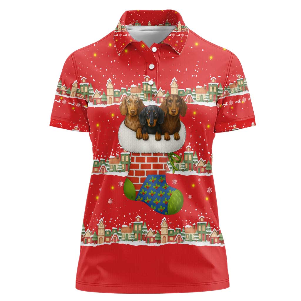 Funny Dachshund Dog Light Up Christmas Women Polo Shirt Snowy Village Red Holiday Design - Wonder Print Shop