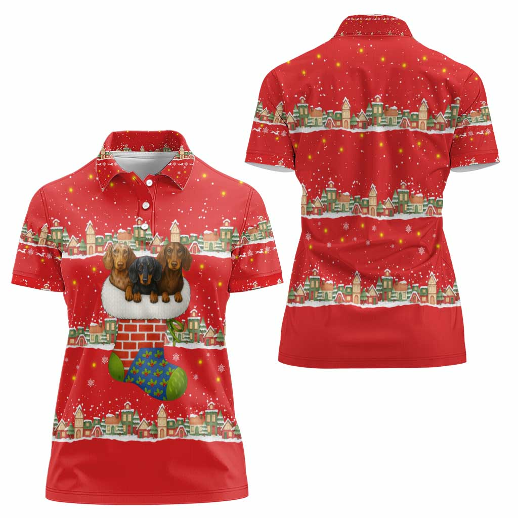 Funny Dachshund Dog Light Up Christmas Women Polo Shirt Snowy Village Red Holiday Design - Wonder Print Shop
