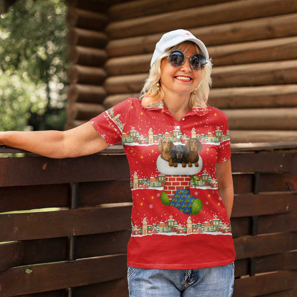 Funny Dachshund Dog Light Up Christmas Women Polo Shirt Snowy Village Red Holiday Design - Wonder Print Shop