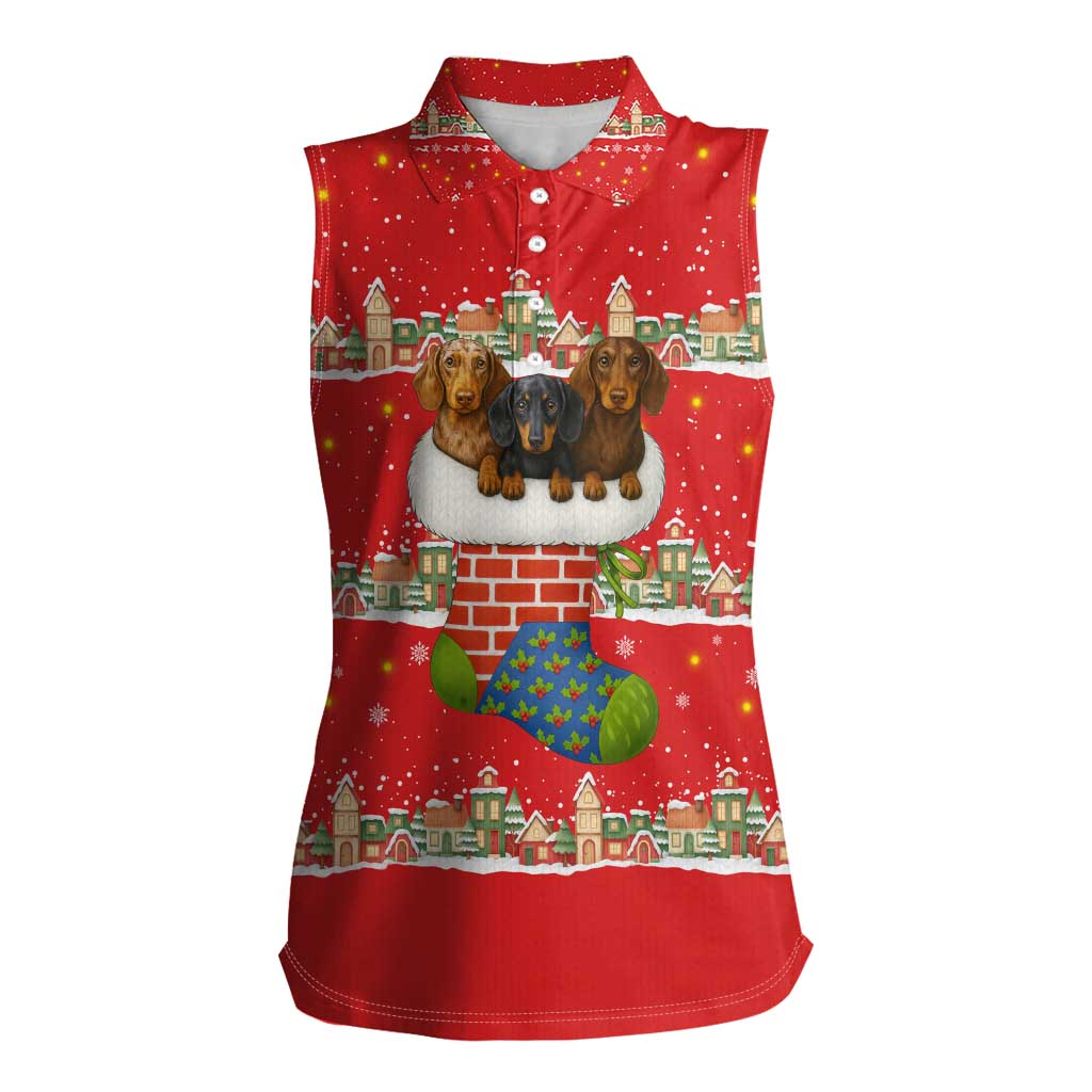 Funny Dachshund Dog Light Up Christmas Women Sleeveless Polo Shirt Snowy Village Red Holiday Design - Wonder Print Shop