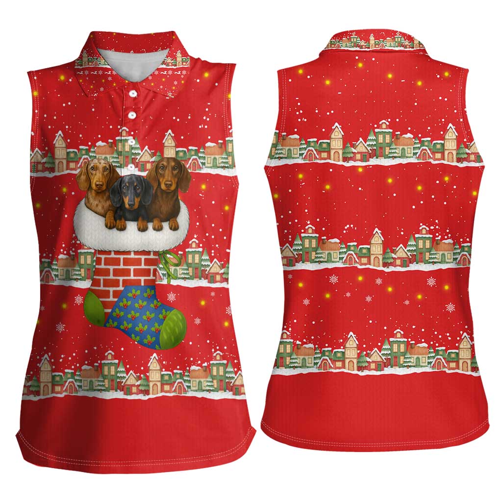 Funny Dachshund Dog Light Up Christmas Women Sleeveless Polo Shirt Snowy Village Red Holiday Design - Wonder Print Shop