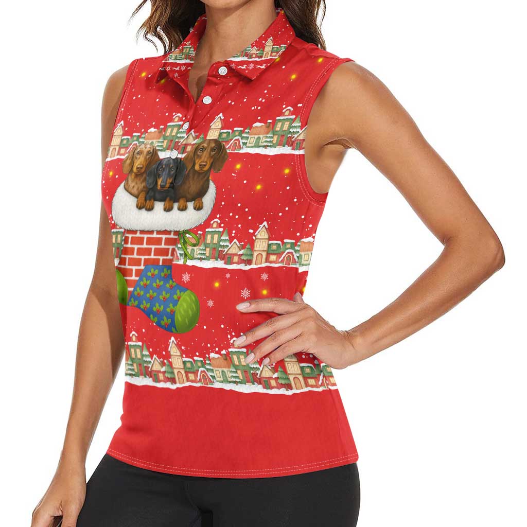 Funny Dachshund Dog Light Up Christmas Women Sleeveless Polo Shirt Snowy Village Red Holiday Design - Wonder Print Shop