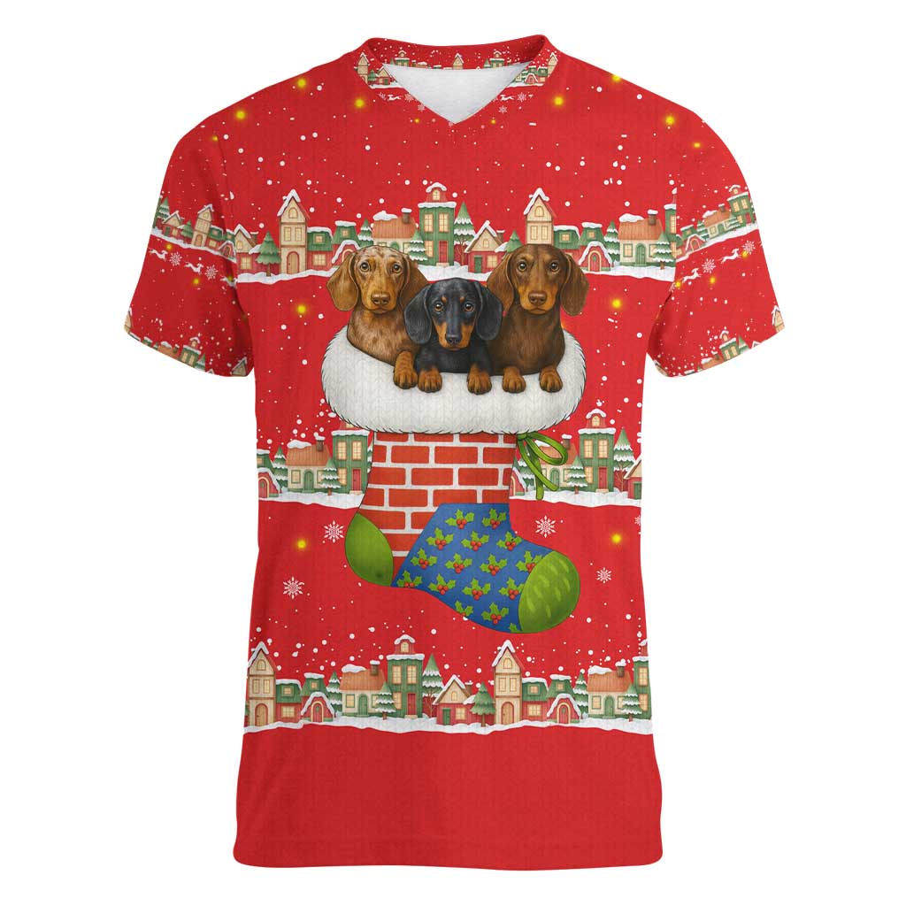 Funny Dachshund Dog Light Up Christmas Women V-Neck T-Shirt Snowy Village Red Holiday Design - Wonder Print Shop