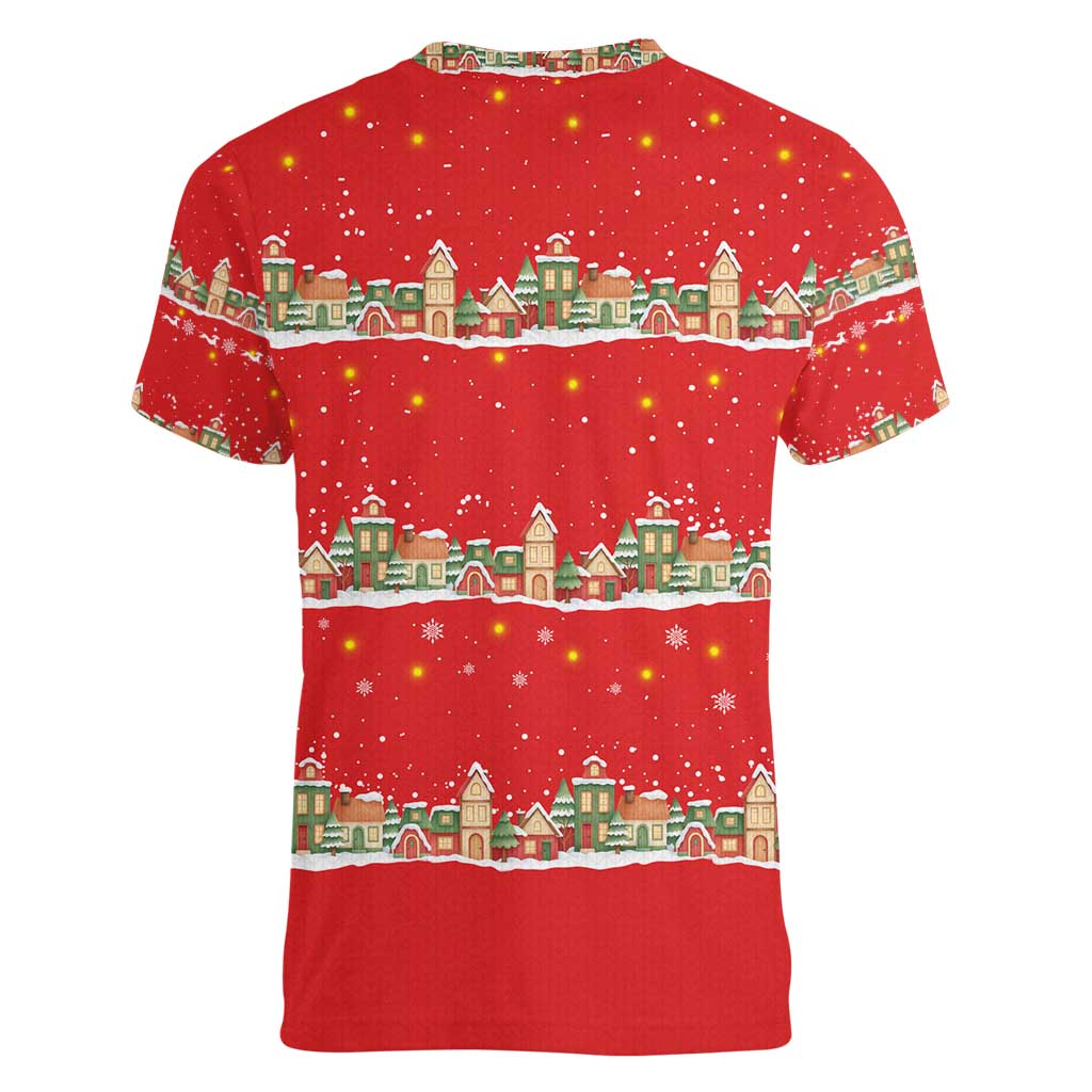 Funny Dachshund Dog Light Up Christmas Women V-Neck T-Shirt Snowy Village Red Holiday Design - Wonder Print Shop