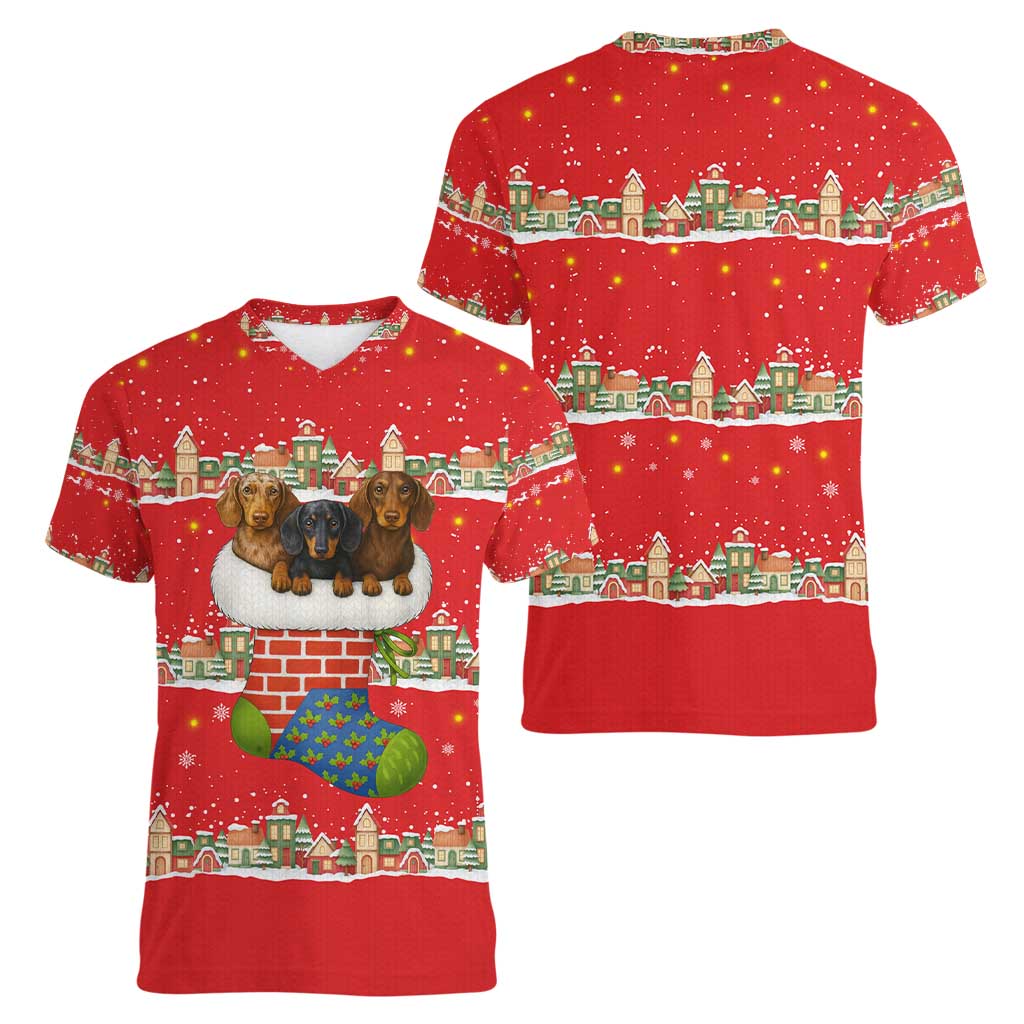Funny Dachshund Dog Light Up Christmas Women V-Neck T-Shirt Snowy Village Red Holiday Design - Wonder Print Shop