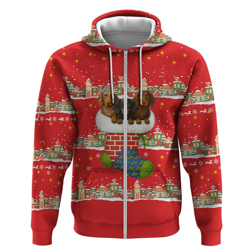 Funny Dachshund Dog Light Up Christmas Zip Hoodie Snowy Village Red Holiday Design - Wonder Print Shop