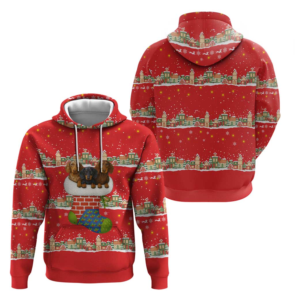 Funny Dachshund Dog Light Up Christmas Zip Hoodie Snowy Village Red Holiday Design - Wonder Print Shop