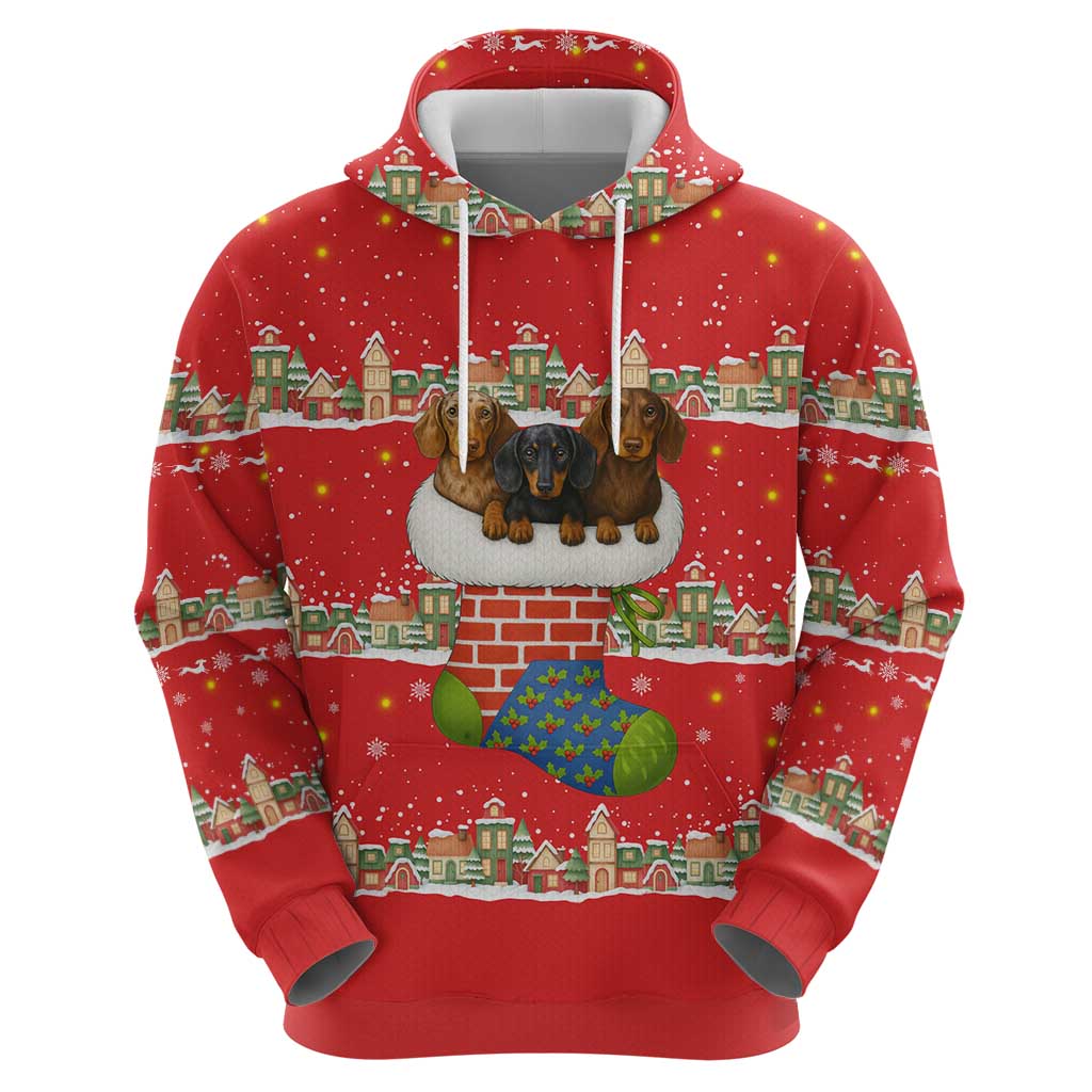 Funny Dachshund Dog Light Up Christmas Zip Hoodie Snowy Village Red Holiday Design - Wonder Print Shop