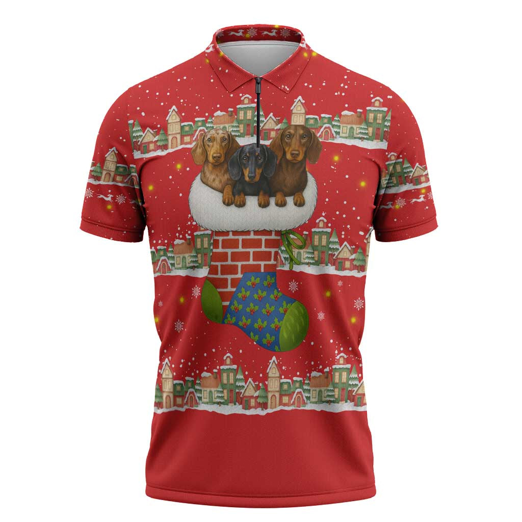Funny Dachshund Dog Light Up Christmas Zipper Polo Shirt Snowy Village Red Holiday Design - Wonder Print Shop