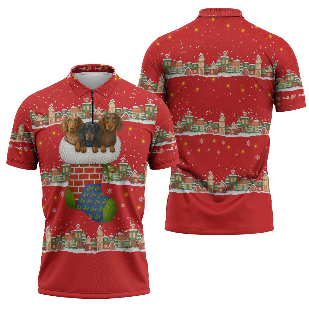 Funny Dachshund Dog Light Up Christmas Zipper Polo Shirt Snowy Village Red Holiday Design - Wonder Print Shop
