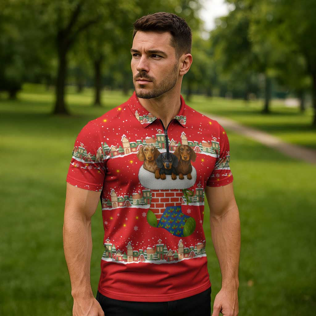 Funny Dachshund Dog Light Up Christmas Zipper Polo Shirt Snowy Village Red Holiday Design - Wonder Print Shop