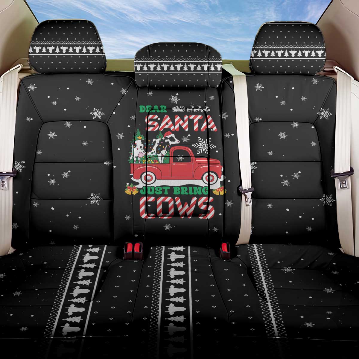Funny Christmas Cows in Red Truck Back Car Seat Cover Dear Santa Just Bring Cows Quote on Snowflake - Wonder Print Shop
