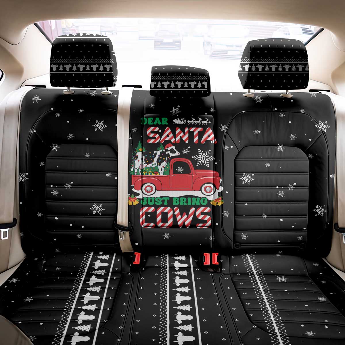 Funny Christmas Cows in Red Truck Back Car Seat Cover Dear Santa Just Bring Cows Quote on Snowflake - Wonder Print Shop