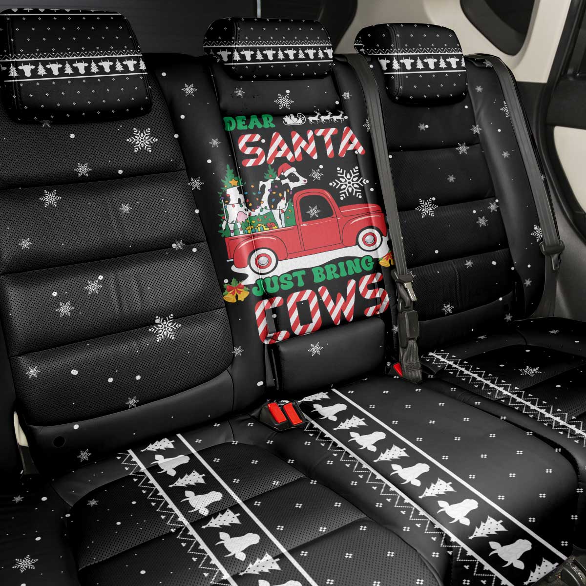 Funny Christmas Cows in Red Truck Back Car Seat Cover Dear Santa Just Bring Cows Quote on Snowflake - Wonder Print Shop