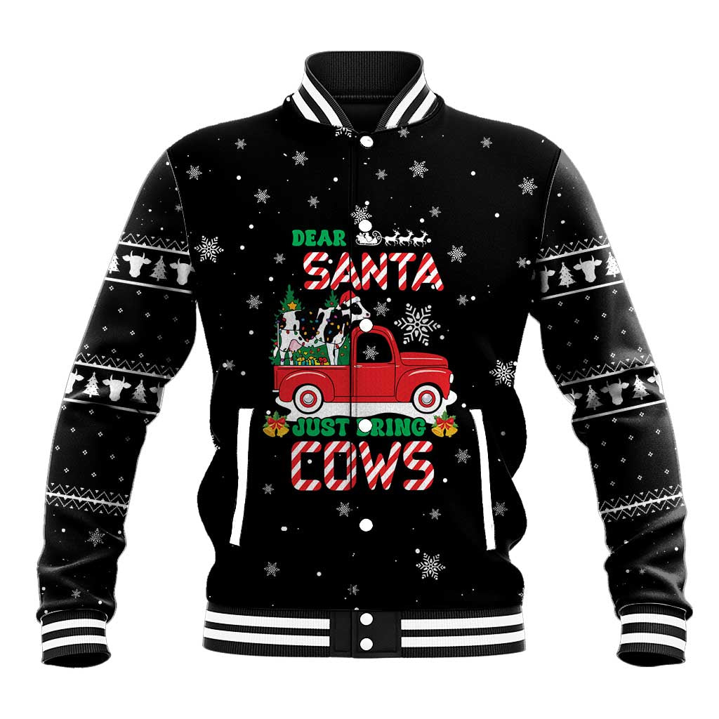 Funny Christmas Cows in Red Truck Baseball Jacket Dear Santa Just Bring Cows Quote on Snowflake - Wonder Print Shop