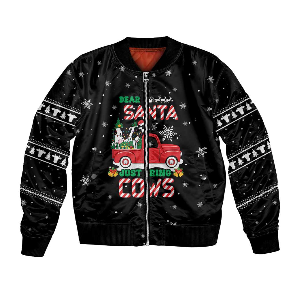 Funny Christmas Cows in Red Truck Bomber Jacket Dear Santa Just Bring Cows Quote on Snowflake - Wonder Print Shop