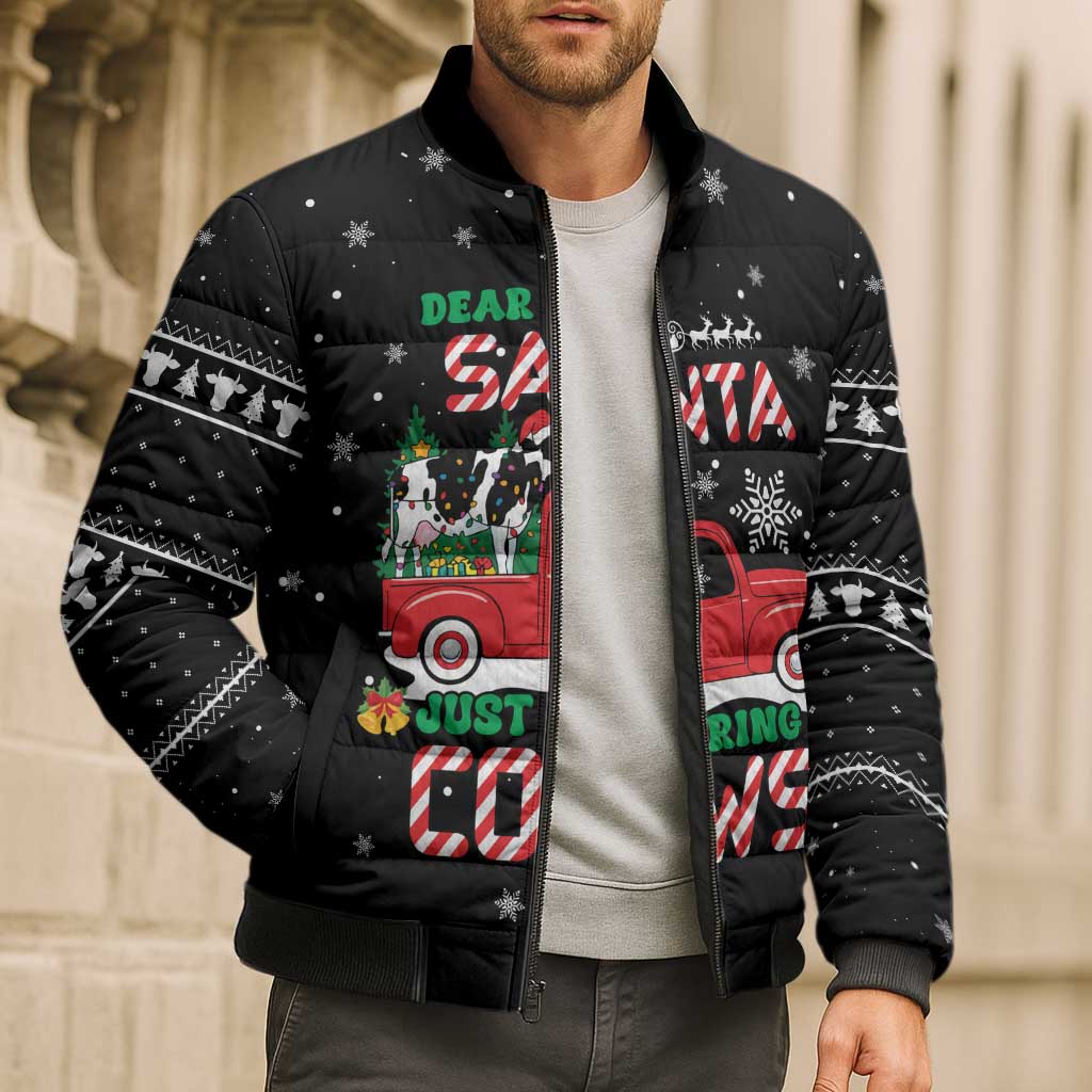 Funny Christmas Cows in Red Truck Bomber Puffer Jacket Dear Santa Just Bring Cows Quote on Snowflake - Wonder Print Shop
