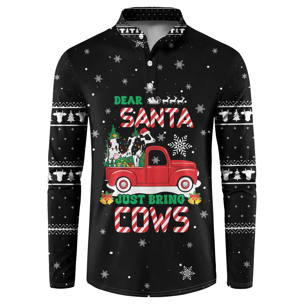 Funny Christmas Cows in Red Truck Button Sweatshirt Dear Santa Just Bring Cows Quote on Snowflake - Wonder Print Shop
