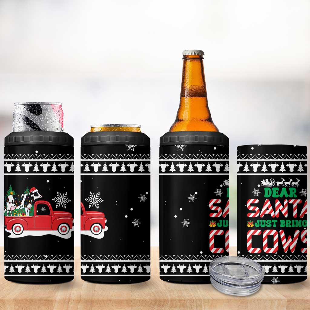 Funny Christmas Cows in Red Truck 4 in 1 Can Cooler Tumbler Dear Santa Just Bring Cows Quote on Snowflake - Wonder Print Shop