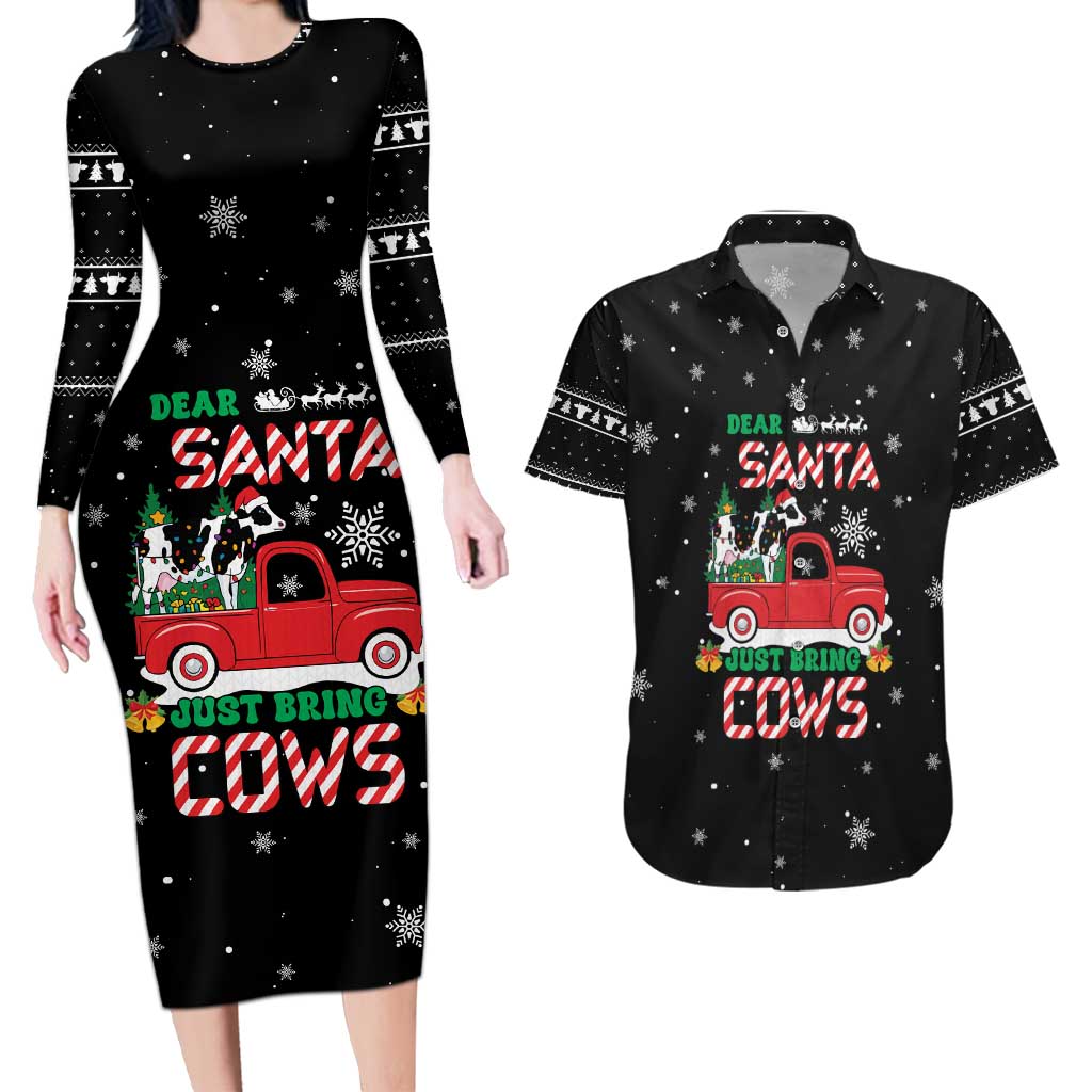 Funny Christmas Cows in Red Truck Couples Matching Long Sleeve Bodycon Dress and Hawaiian Shirt Dear Santa Just Bring Cows Quote on Snowflake - Wonder Print Shop