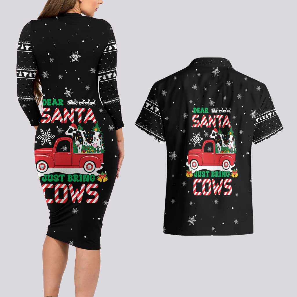 Funny Christmas Cows in Red Truck Couples Matching Long Sleeve Bodycon Dress and Hawaiian Shirt Dear Santa Just Bring Cows Quote on Snowflake - Wonder Print Shop