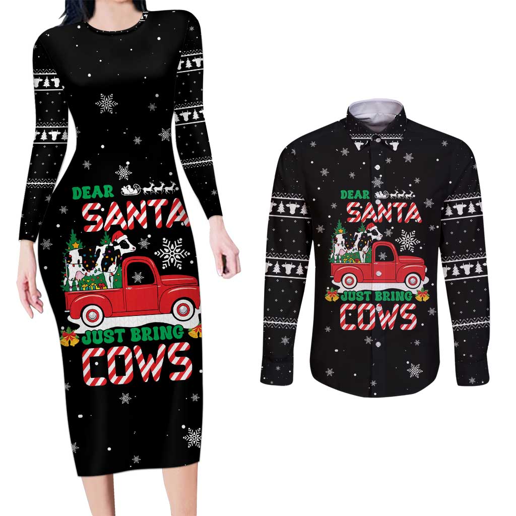 Funny Christmas Cows in Red Truck Couples Matching Long Sleeve Bodycon Dress and Long Sleeve Button Shirt Dear Santa Just Bring Cows Quote on Snowflake - Wonder Print Shop