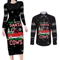 Funny Christmas Cows in Red Truck Couples Matching Long Sleeve Bodycon Dress and Long Sleeve Button Shirt Dear Santa Just Bring Cows Quote on Snowflake - Wonder Print Shop