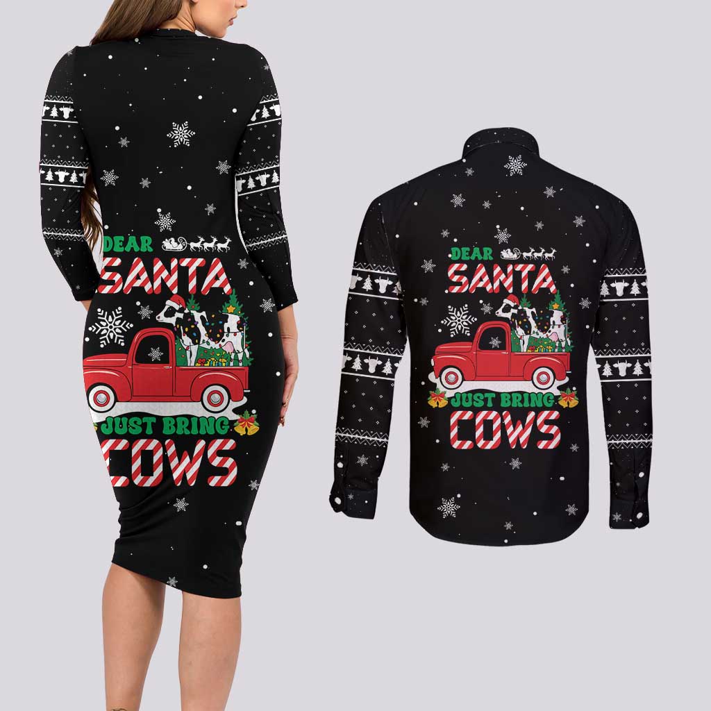 Funny Christmas Cows in Red Truck Couples Matching Long Sleeve Bodycon Dress and Long Sleeve Button Shirt Dear Santa Just Bring Cows Quote on Snowflake - Wonder Print Shop