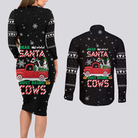 Funny Christmas Cows in Red Truck Couples Matching Long Sleeve Bodycon Dress and Long Sleeve Button Shirt Dear Santa Just Bring Cows Quote on Snowflake - Wonder Print Shop