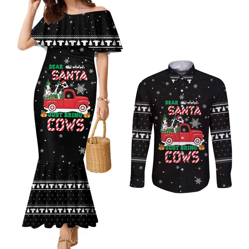 Funny Christmas Cows in Red Truck Couples Matching Mermaid Dress and Long Sleeve Button Shirt Dear Santa Just Bring Cows Quote on Snowflake - Wonder Print Shop