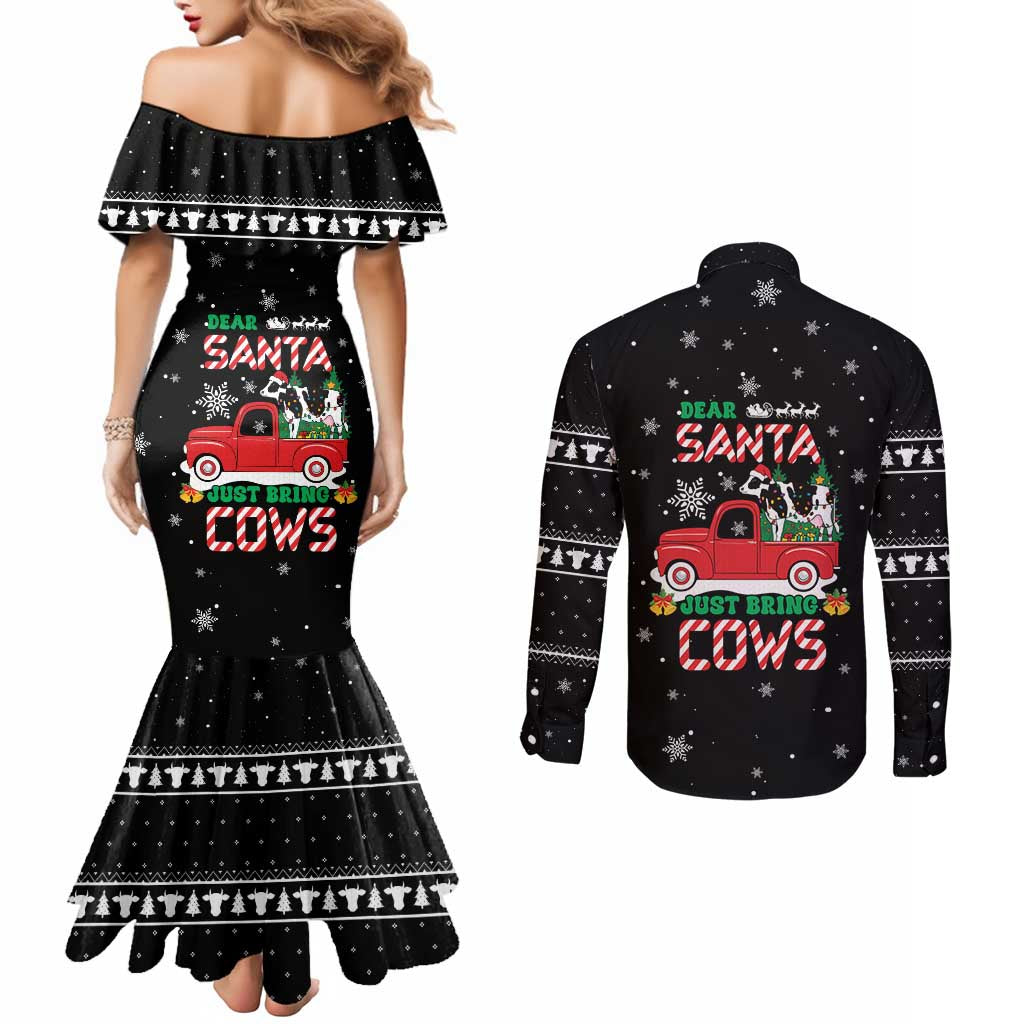 Funny Christmas Cows in Red Truck Couples Matching Mermaid Dress and Long Sleeve Button Shirt Dear Santa Just Bring Cows Quote on Snowflake - Wonder Print Shop