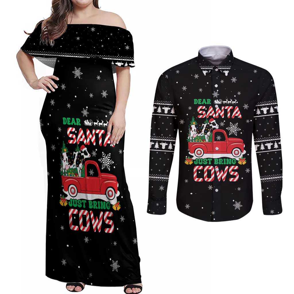 Funny Christmas Cows in Red Truck Couples Matching Off Shoulder Maxi Dress and Long Sleeve Button Shirt Dear Santa Just Bring Cows Quote on Snowflake - Wonder Print Shop