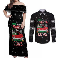Funny Christmas Cows in Red Truck Couples Matching Off Shoulder Maxi Dress and Long Sleeve Button Shirt Dear Santa Just Bring Cows Quote on Snowflake - Wonder Print Shop