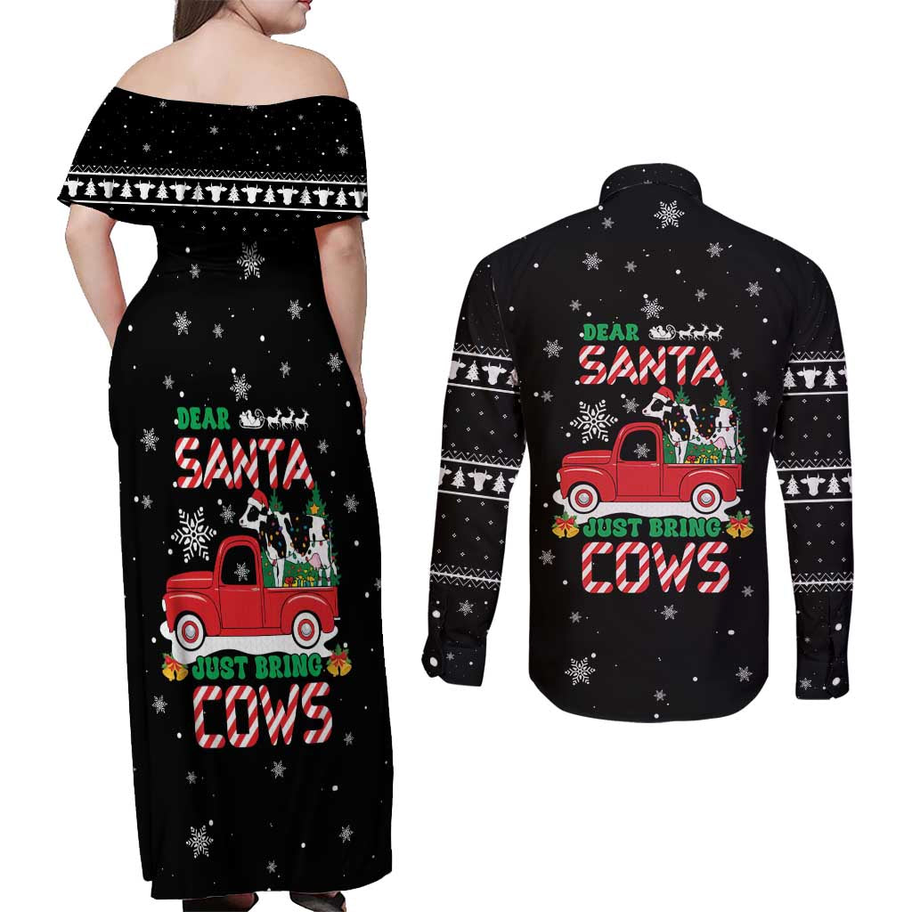 Funny Christmas Cows in Red Truck Couples Matching Off Shoulder Maxi Dress and Long Sleeve Button Shirt Dear Santa Just Bring Cows Quote on Snowflake - Wonder Print Shop