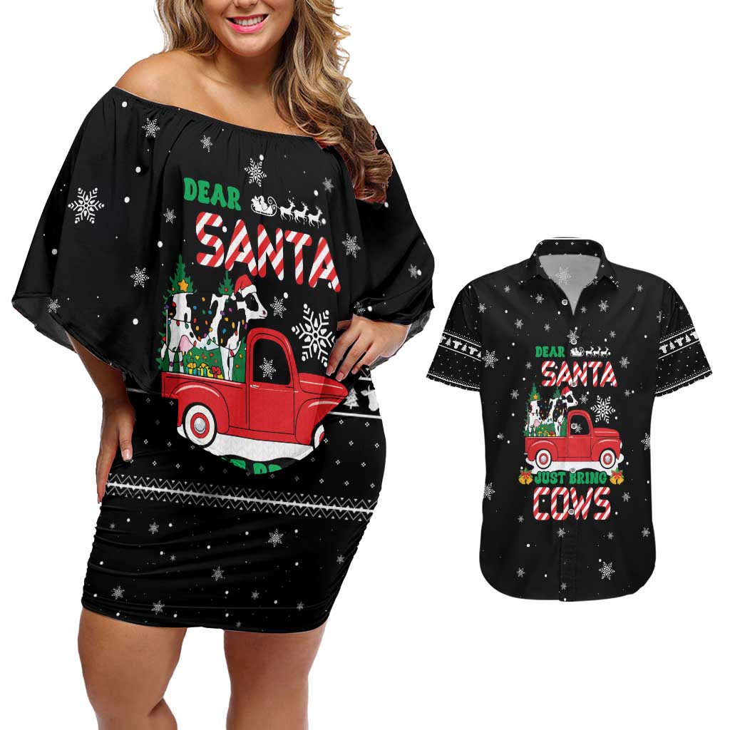 Funny Christmas Cows in Red Truck Couples Matching Off Shoulder Short Dress and Hawaiian Shirt Dear Santa Just Bring Cows Quote on Snowflake - Wonder Print Shop