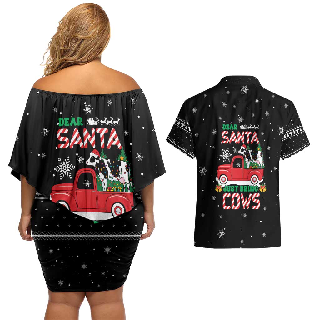 Funny Christmas Cows in Red Truck Couples Matching Off Shoulder Short Dress and Hawaiian Shirt Dear Santa Just Bring Cows Quote on Snowflake - Wonder Print Shop