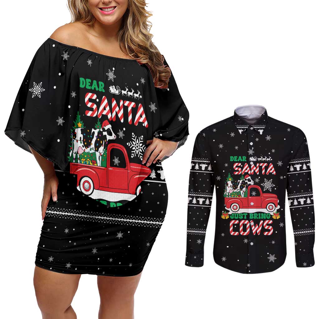 Funny Christmas Cows in Red Truck Couples Matching Off Shoulder Short Dress and Long Sleeve Button Shirt Dear Santa Just Bring Cows Quote on Snowflake - Wonder Print Shop