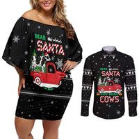 Funny Christmas Cows in Red Truck Couples Matching Off Shoulder Short Dress and Long Sleeve Button Shirt Dear Santa Just Bring Cows Quote on Snowflake - Wonder Print Shop