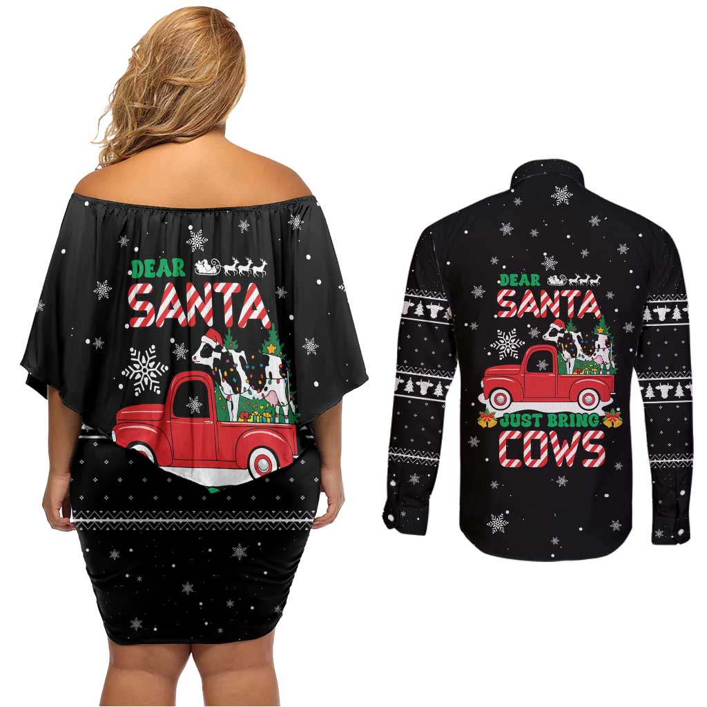 Funny Christmas Cows in Red Truck Couples Matching Off Shoulder Short Dress and Long Sleeve Button Shirt Dear Santa Just Bring Cows Quote on Snowflake - Wonder Print Shop